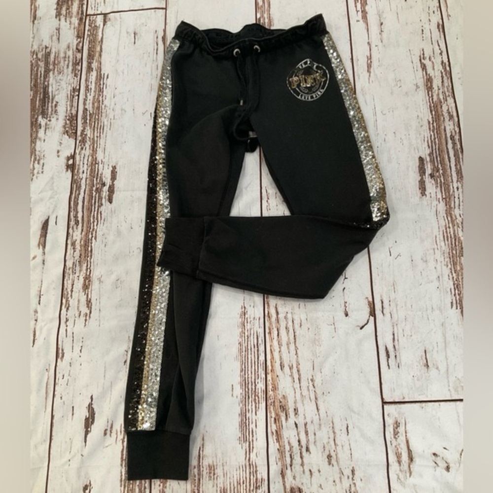 PINK by Victoria Secrets RARE Black Joggers with Black,Gold & silver sequence